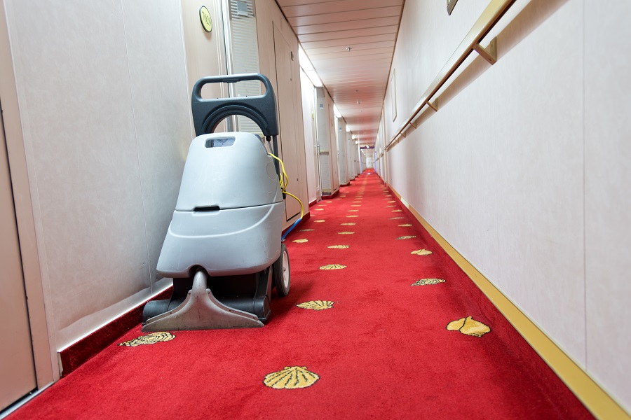 Carpet Cleaning in the hall of a hotel, done by a commercial cleaning company. 